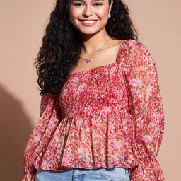 Deewa Pink Floral Print Square Neck Georgette Top-image-30