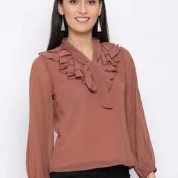 BAESD Tie-Up Neck Cuffed Sleeves Ruffles Detail Georgette Top-picture-22