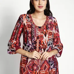 250 DESIGNS Abstract Print V-Neck Three-Quarter Bell Sleeves Georgette Top-picture-12