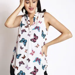 250 DESIGNS Conversational Printed Mandarin Collar Georgette Shirt Style Top-image-40