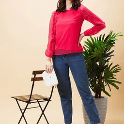 Globus Self Design Round Neck Puff Sleeve Ruffles Top image 2