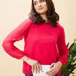 Globus Self Design Round Neck Puff Sleeve Ruffles Top image 5