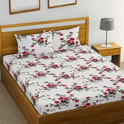 Huesland White & Pink Floral 144 TC Cotton Double King Bedsheet with 2 Pillow Covers-image-25