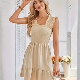 shreyam enterprise Women Fit and Flare Beige Knee Length Dress-picture-36