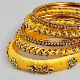 Peora Set Of 10 Yellow & Gold-Plated Silk Thread Handcrafted Chuda Bangle Set image 5
