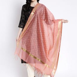 Clora Creation Peach-Coloured & Gold-Toned Woven Design Cotton Silk Dupatta-picture-16