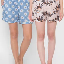 FashionRack Women Pack of 2 Beige & Turquoise Blue Printed Lounge Shorts image 1