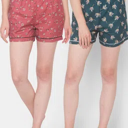 FashionRack Women Brown & Teal Pack Of 2 Printed Lounge Shorts image 1