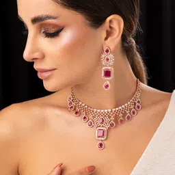Rubans 24K Rose Gold Plated Pink Sapphire & CZStudded Handcrafted Premium Jewellery Set image 5