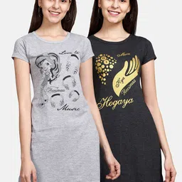 Fleximaa Pack of 2 Printed Pure Cotton Longline Knitted Tops-image-89