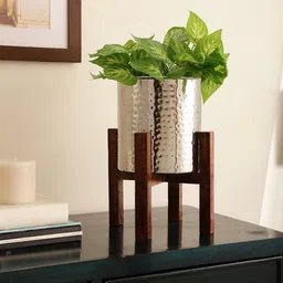 Maison Modern Silver-Toned 2 Pieces Textured Stainless Steel Planter With Wooden Arbor image 1