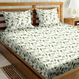 bella casa White Floral 220 TC Cotton 1 Double King Size Fitted Bedsheet with 2 Pillow Cover-picture-26
