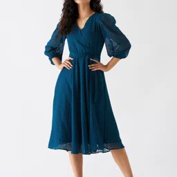 aask Women Fit and Flare Blue, Dark Blue Midi/Calf Length Dress-picture-26