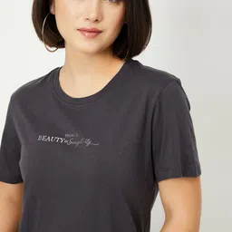 max Women Printed Round Neck Pure Cotton Grey T-Shirt image 4