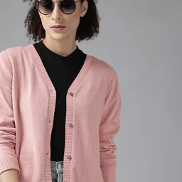 Women Solid V Neck Pink Sweater-image-30