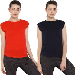 Pack of 2 Women Solid Round Neck Pure Cotton Dark Blue, Red T-Shirt-image-72