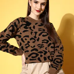 Berrylush Women Chic Brown Animal Printed Knits Bits Sweater image 3