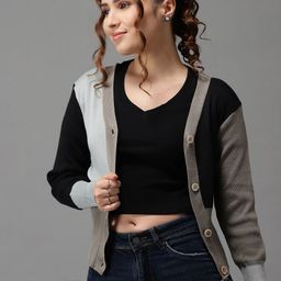 SHOWOFF Women Grey & Grey Melange Colourblocked Sweater-image-77
