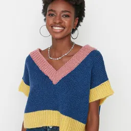 Trendyol Women Navy Blue & Pink Ribbed Sweater Vest-picture-38