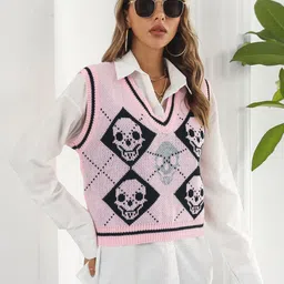 StyleCast Women Pink & Black Printed Sweater Vest-image-97