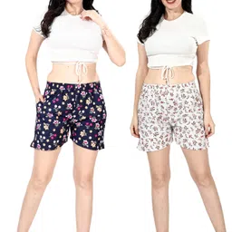 nisvaa by ribnee Pack of 2 Floral Print Women Dark Blue, White Regular Shorts-picture-12