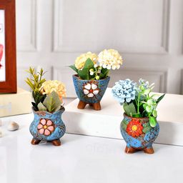 TAYHAA Blue & Brown 3 Pieces Enamel Painted Flower Design Ceramic Planters-picture-7