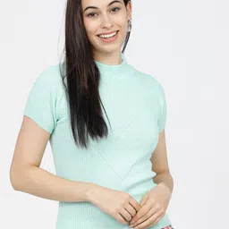 Tokyo Talkies Women Turquoise Blue Pullover Sweater-image-8