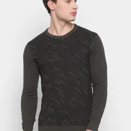 SPYKAR Men Olive Green Striped Pullover Pure Cotton Sweater-picture-34
