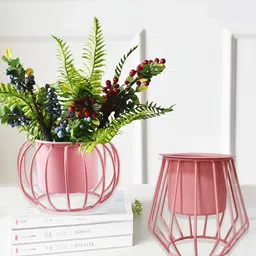 Homesake Pink 2 Pieces Round & Oval Planters With Designer Metal Pot Stands-image-64