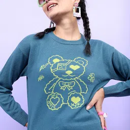 Tokyo Talkies Women Teal & Yellow Jacquard Pullover Sweater-image-90