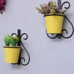 Homesake Set Of 2 Yellow & Black Wall Scone Metal Wall Planters With Pots-image-54