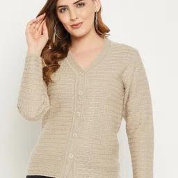 Zigo Women Beige Self Design Cable Knit Wool Cardigan Sweater-image-71