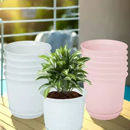 Kuber Industries White & Pink 12 Pieces Marble Finish Planters With Tray-picture-26