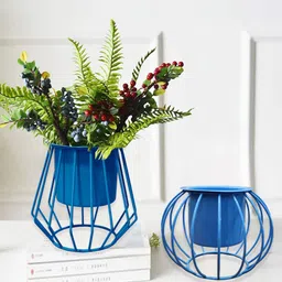 Homesake Turquoise Blue 2 Pieces Round & Oval Planters With Designer Metal Pot Stands-image-52