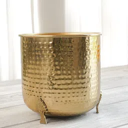 BEHOMA Gold Toned Textured Metal Planter With Holder-picture-31