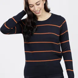 Tokyo Talkies Women Navy Blue & Orange Striped Pullover-picture-36