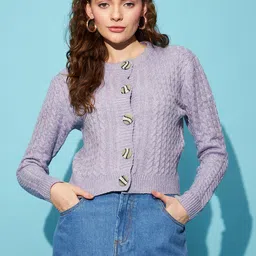 STREET 9 Lavender Self Design Cable Knit Acrylic Cardigan Sweater-picture-16