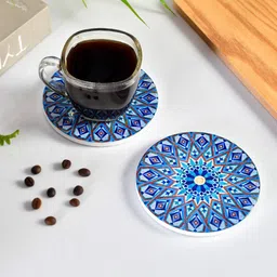 TAYHAA Blue and Brown 2 Pieces Geometric Printed Circular Ceramic Coasters-image-78