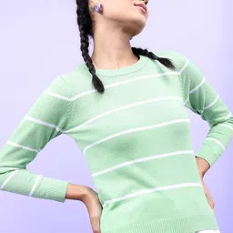 Tokyo Talkies Women Green & White Striped Printed Pullover Sweater-picture-21