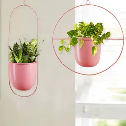 Homesake Pink 2 Pieces Round & Oval Planters With Hanging Metal Pot Stands-image-1