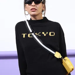Tokyo Talkies Women Black & Yellow Pullover Sweater-image-89
