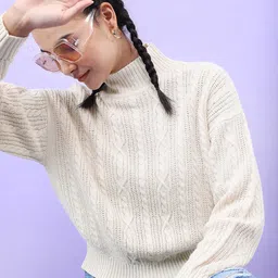 Tokyo Talkies Women Beige Cable Knit Crop Acrylic Sweaters-picture-26