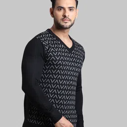 ColorPlus Men Black And Grey Geometric Printed Long Sleeves Acrylic Sweater image 2