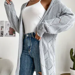 StyleCast Grey Cable Knit Self-Design V-Neck Open Knit Longline Front Open Sweater-picture-40