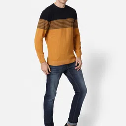 t-base Men Mustard & Black Striped Colourblocked Cotton Pullover image 4