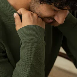 Andamen Men Olive Green Solid Long Sleeves Ribbed Hemline Cotton Pullover Sweater image 5