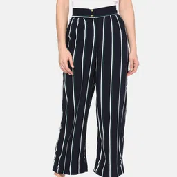 Campus Sutra Women Navy Blue & White Relaxed Loose Fit Striped Parallel Trousers-picture-21