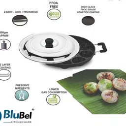 blu bel Premium Spetter Finish 12 Cavity Appam/Appe Maker with Stainless Steel Lid Paniarakkal with Lid 0.5 L capacity 24 cm diameter image 5