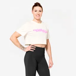 Crew Neck Cotton Loose Fit Weight Training Women's Crop Top - Cotton White-image-3