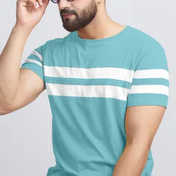 ausk Men Striped Round Neck Cotton Blend Light Blue, White T-Shirt-picture-15